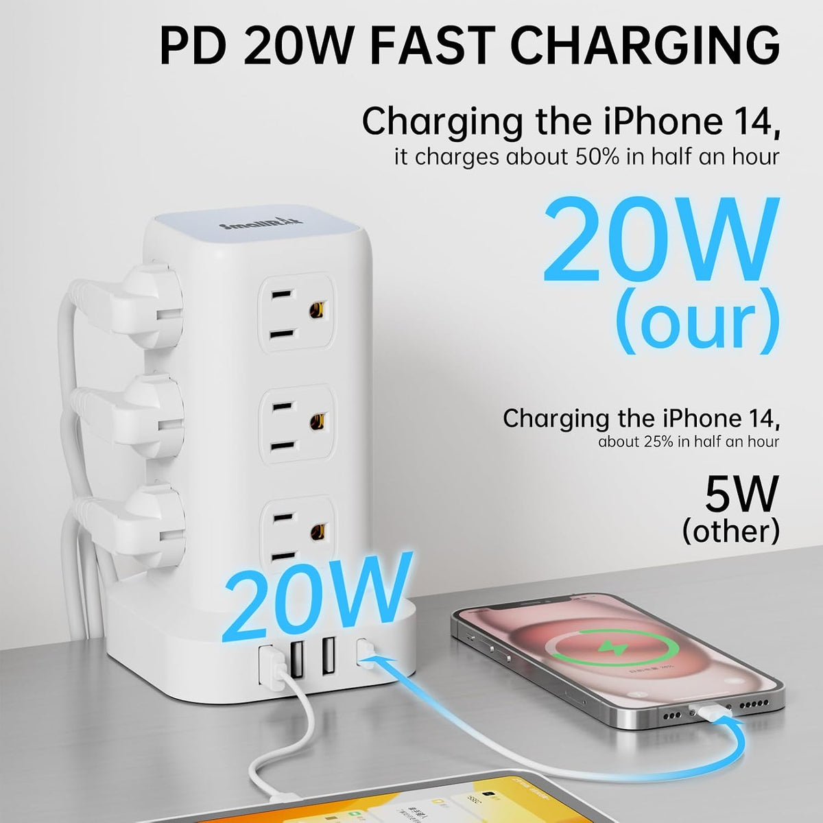 Power Strip with 12 Outlets 4 USB (1 USB C), 10Feet Extension Cord with Multiple Outlets, Charging Station, Power Strip Tower, Home Office Desk Supplies