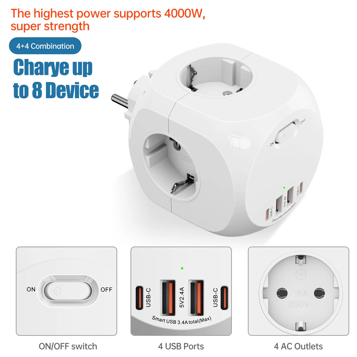 Eu Schuko Wall Socket Extender with Switch, 4 Ac Outlets 2 Usb-A 2 Usb-C Portable Cube Socket Power Strip Adapter, 4000W for Home