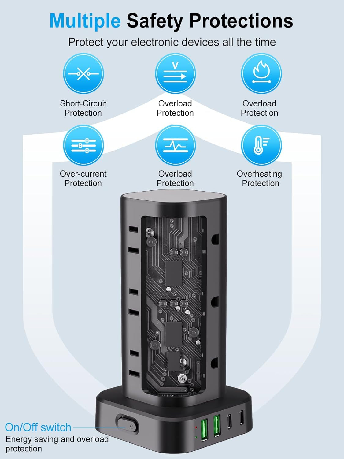 6FT Power Strip Tower with Wireless Charger,Surge Protector with 12 Outlets