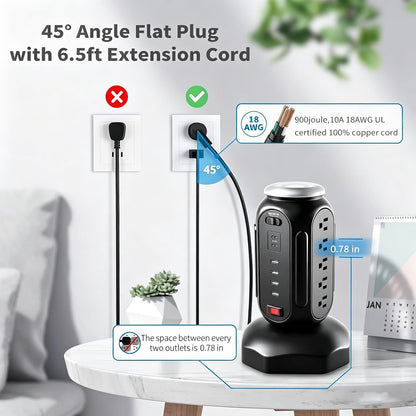 Power Tower with Retractable Cord, Surge Protector Tower with PD 30W USB-C (Single Port 30W/2 Ports 15W Each), 15 AC Outlets, 6.5Ft Flat Plug, High-Power Fast Charging Station for Home and Office