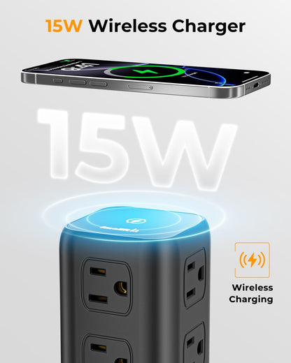 Power Strip with 12 Outlets 4 USB (1 USB C), 6.5Feet Extension Cord with Multiple Outlets, Charging Station, Power Strip Tower, Home Office Desk Supplies