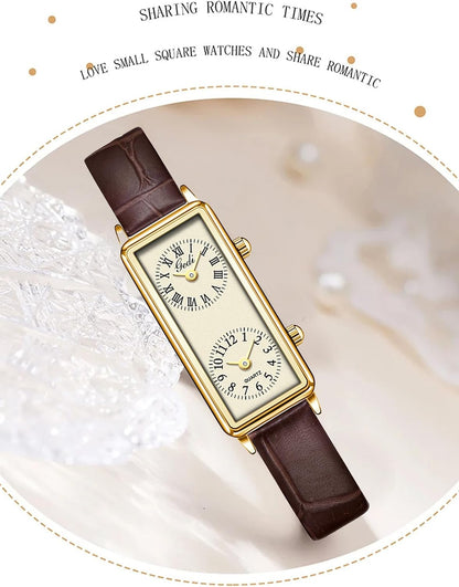 Women’S Vintage Rectangle Watch Dual Time Zone Watch for Small Wrist