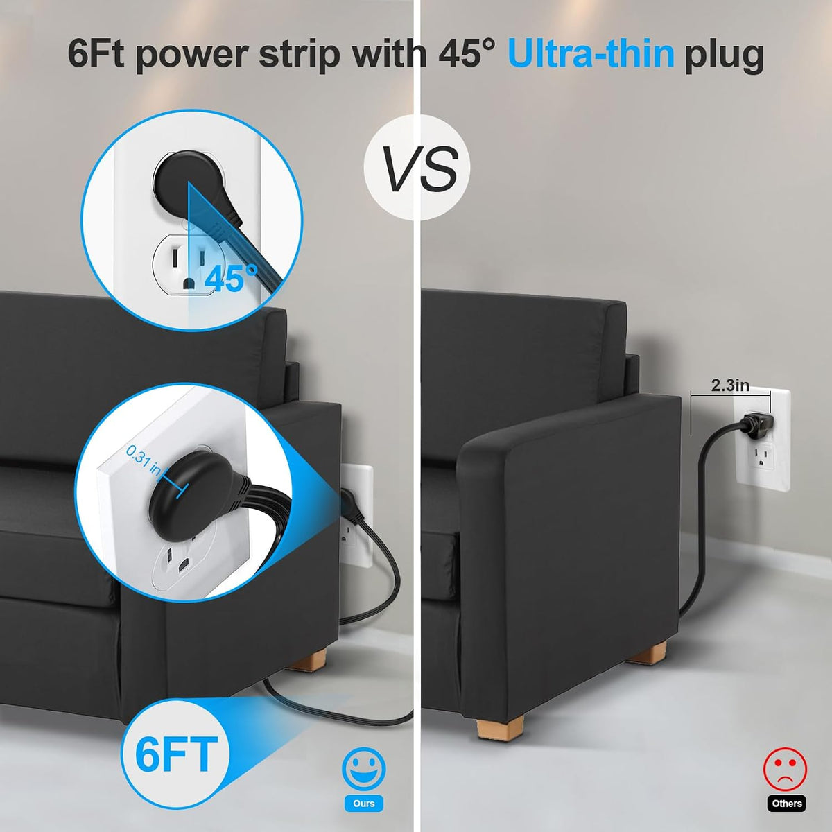 4 Pack Ultra Flat Plug Power Strip,Power Strips with 4 Widely Outlets,6 Ft Flat Plug Extension Cord with 3 USB Ports(1 USB C Port),Slim Desk Charging Station,Black