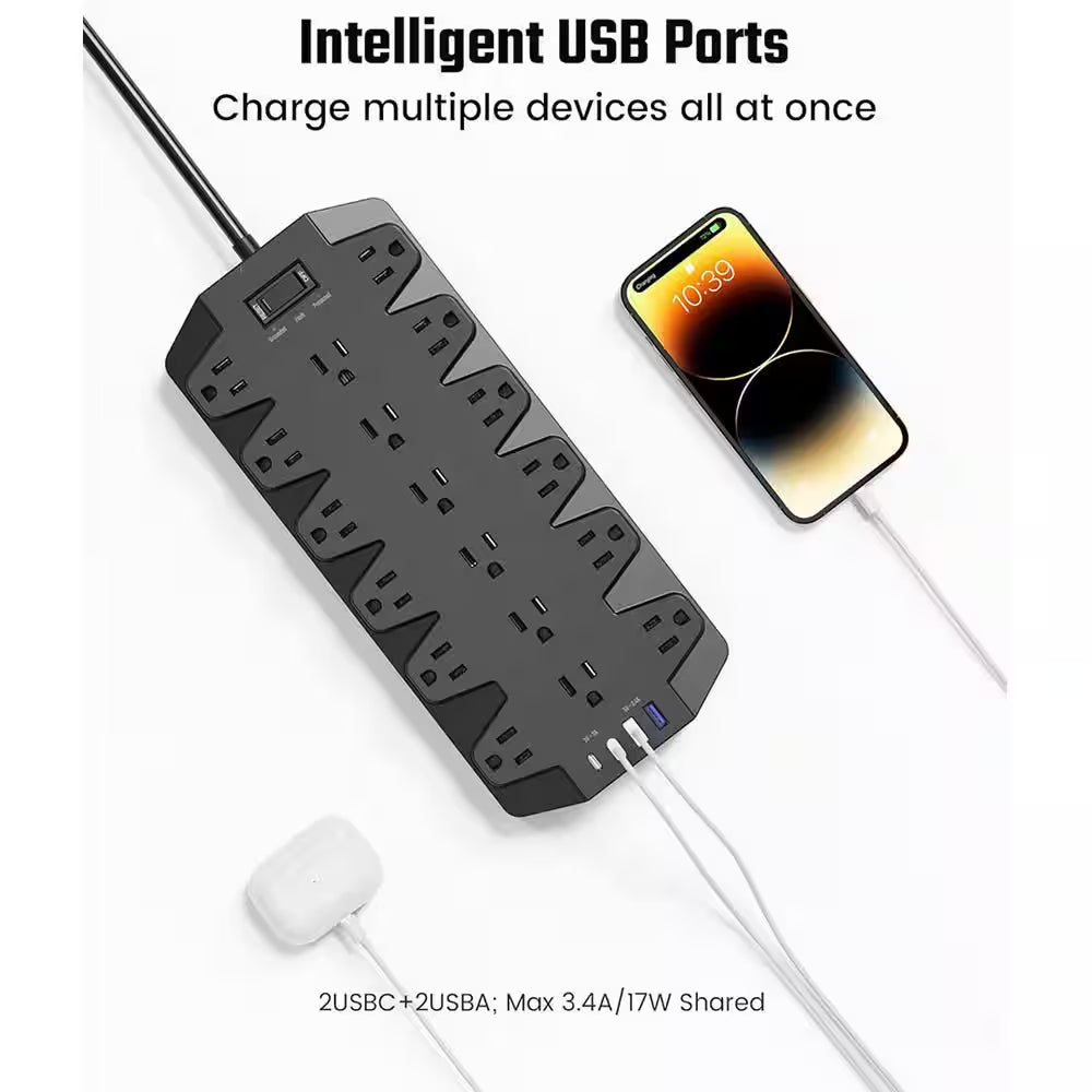 Surge Protector Power Strip, SUPERDANNY 18 AC Outlets W/ 4 USB Ports, 1875W/15 Amp, 2100J, 6.5 Ft. Flat Plug Heavy Duty