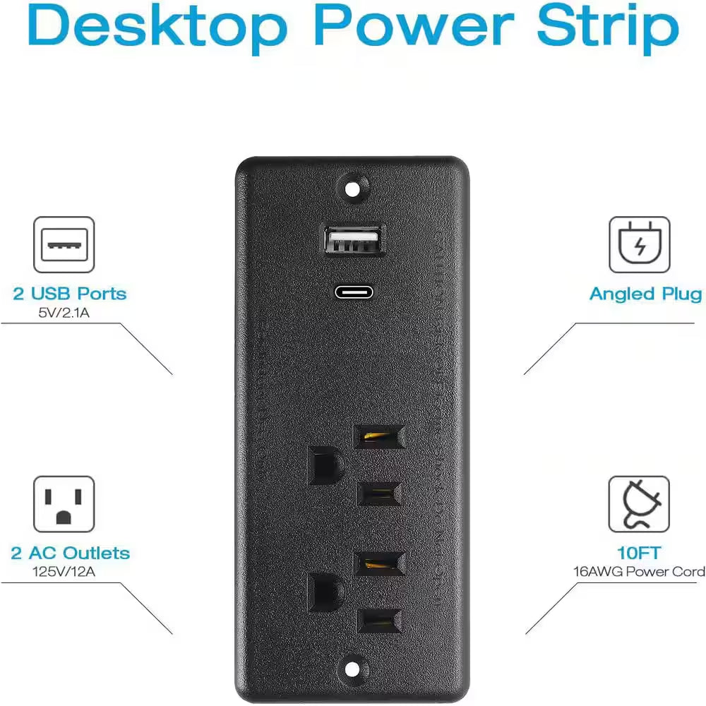 10 Ft Cord 2-Outlet 2 USB-A Ports 1 USB-C Port Surge Protector with Fast Charging Recessed Desk Power Strip