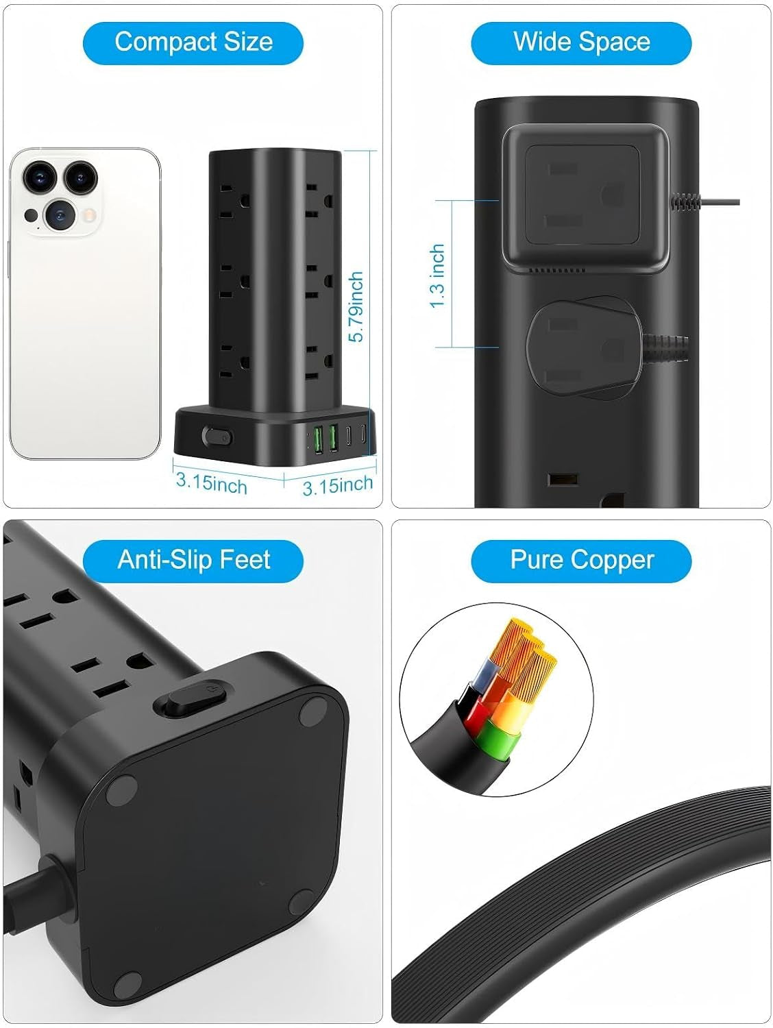 6FT Power Strip Tower with Wireless Charger,Surge Protector with 12 Outlets