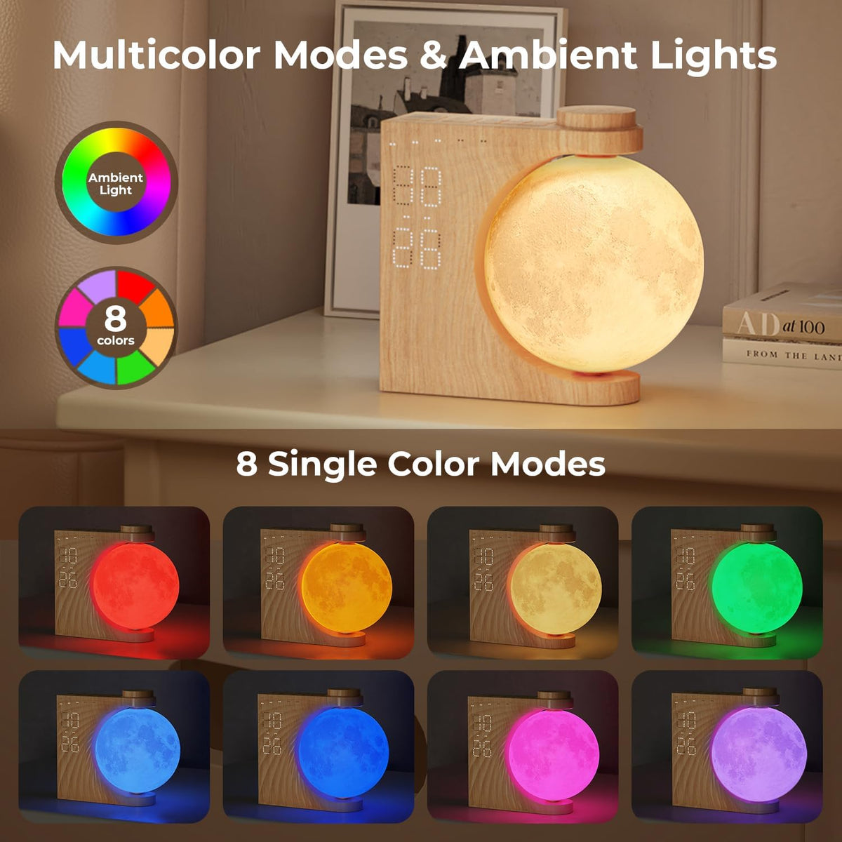 Sunrise Alarm Clock for Heavy Sleepers, Moon Lamp with Moon Light & 10 Light Effects, Cute Alarm Clock With10 White Noise Sounds & Dual Alarms for Bedrooms & Home Office Decor (Walnut Wood Grain)