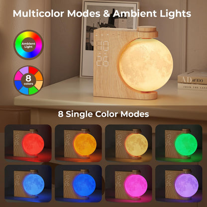 Sunrise Alarm Clock for Heavy Sleepers, Moon Lamp with Moon Light & 10 Light Effects, Cute Alarm Clock With10 White Noise Sounds & Dual Alarms for Bedrooms & Home Office Decor (Walnut Wood Grain)