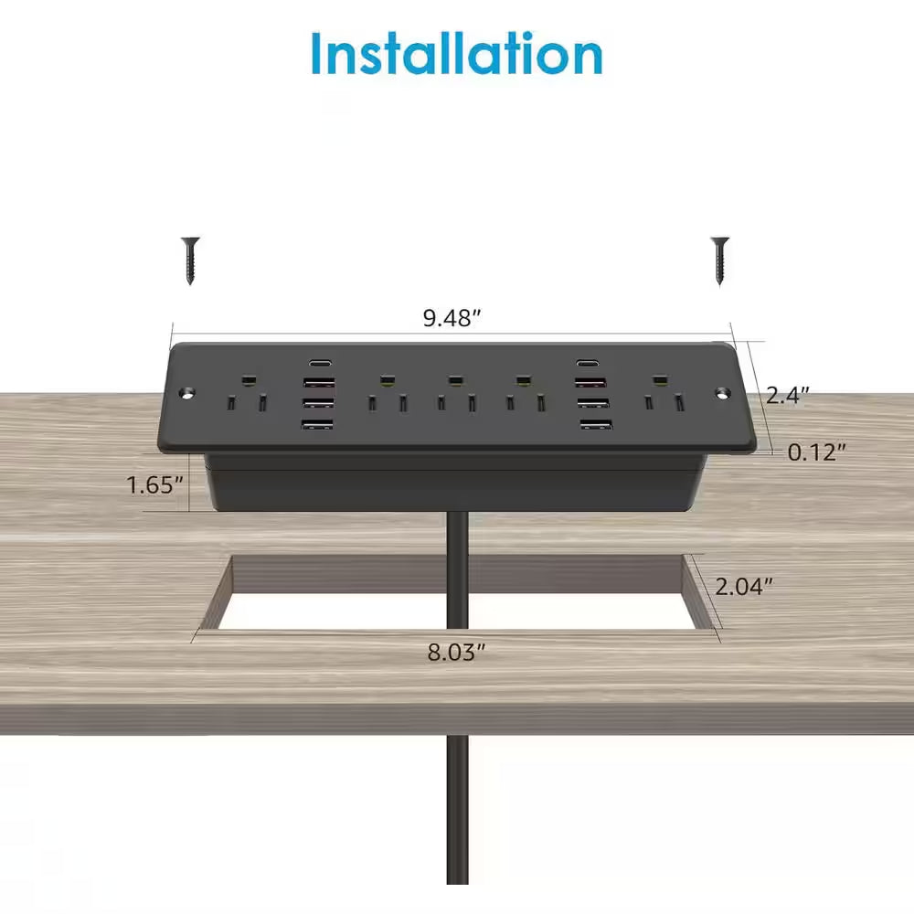 13 in 1 Recessed Power Strip Flat Plug Fast Charging Furniture Outlet with USB Surge Protection Socket Black
