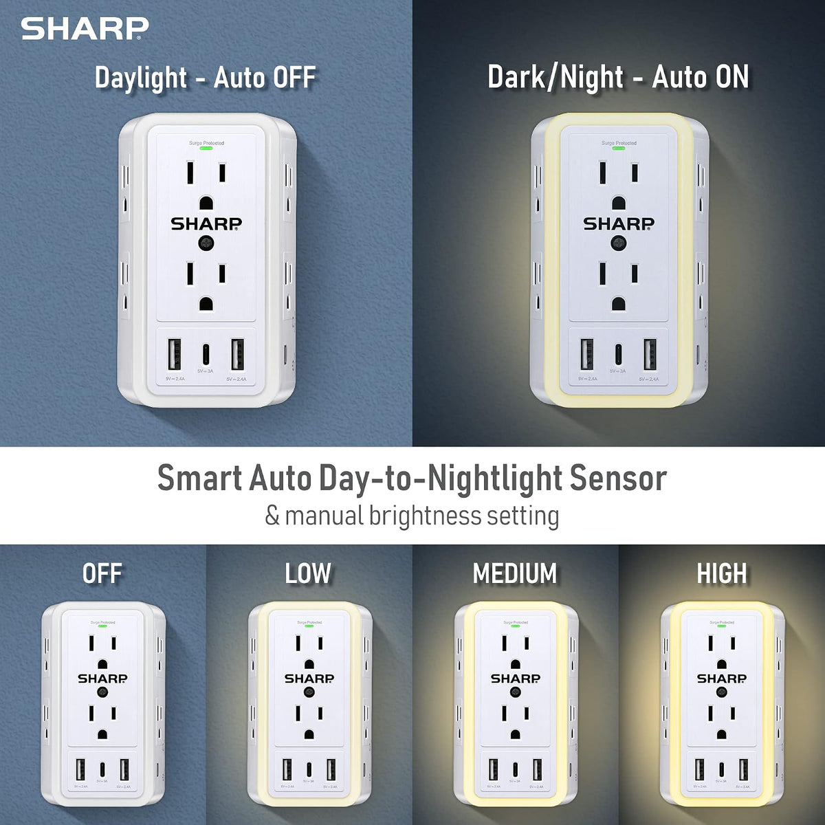 Wall Charger Surge Protector with 6 Outlets, USB-C and Nightlight