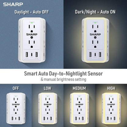Wall Charger Surge Protector with 6 Outlets, USB-C and Nightlight