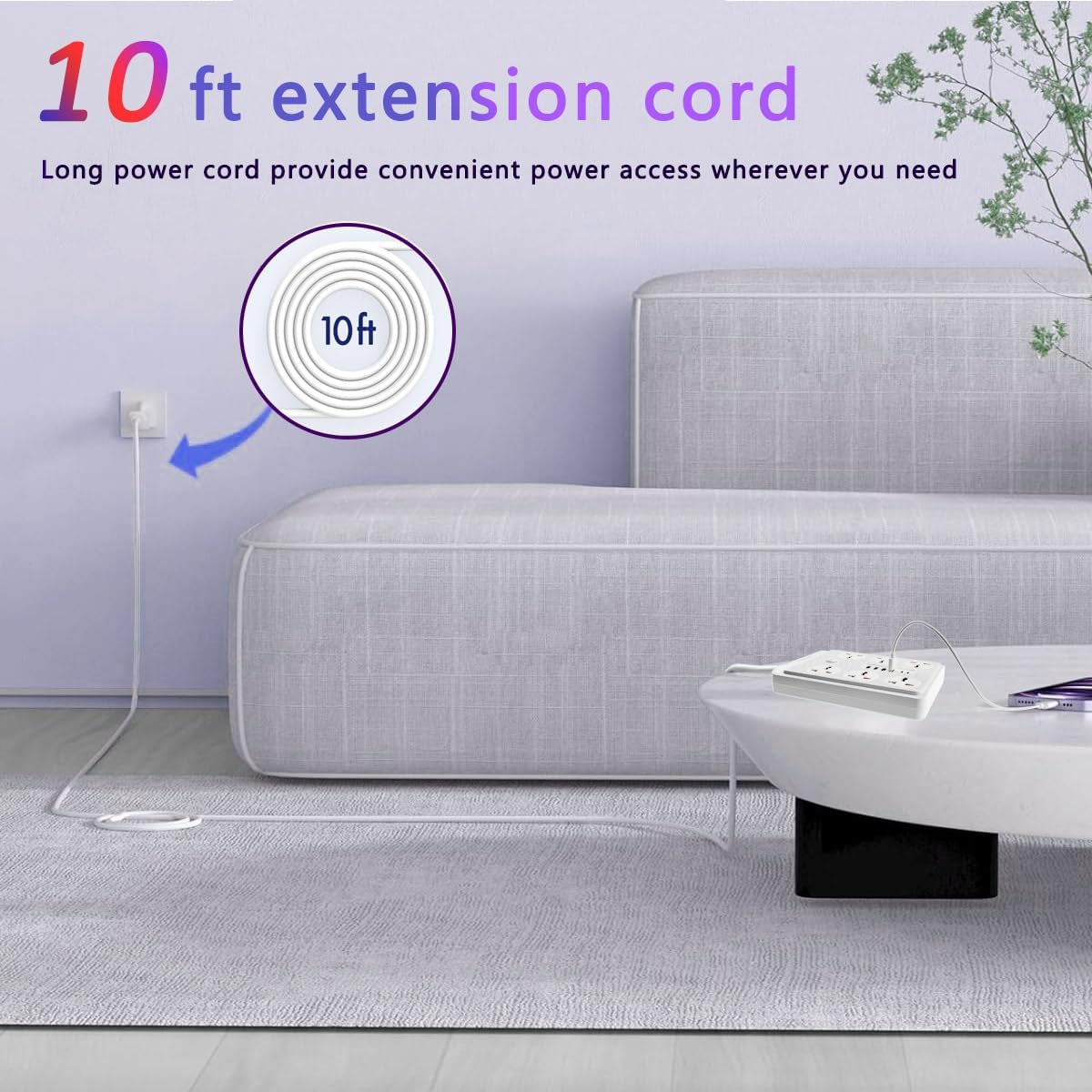 Power Strip with 45 Degree Plug, 10Ft Long Cord,6 Universal Socket