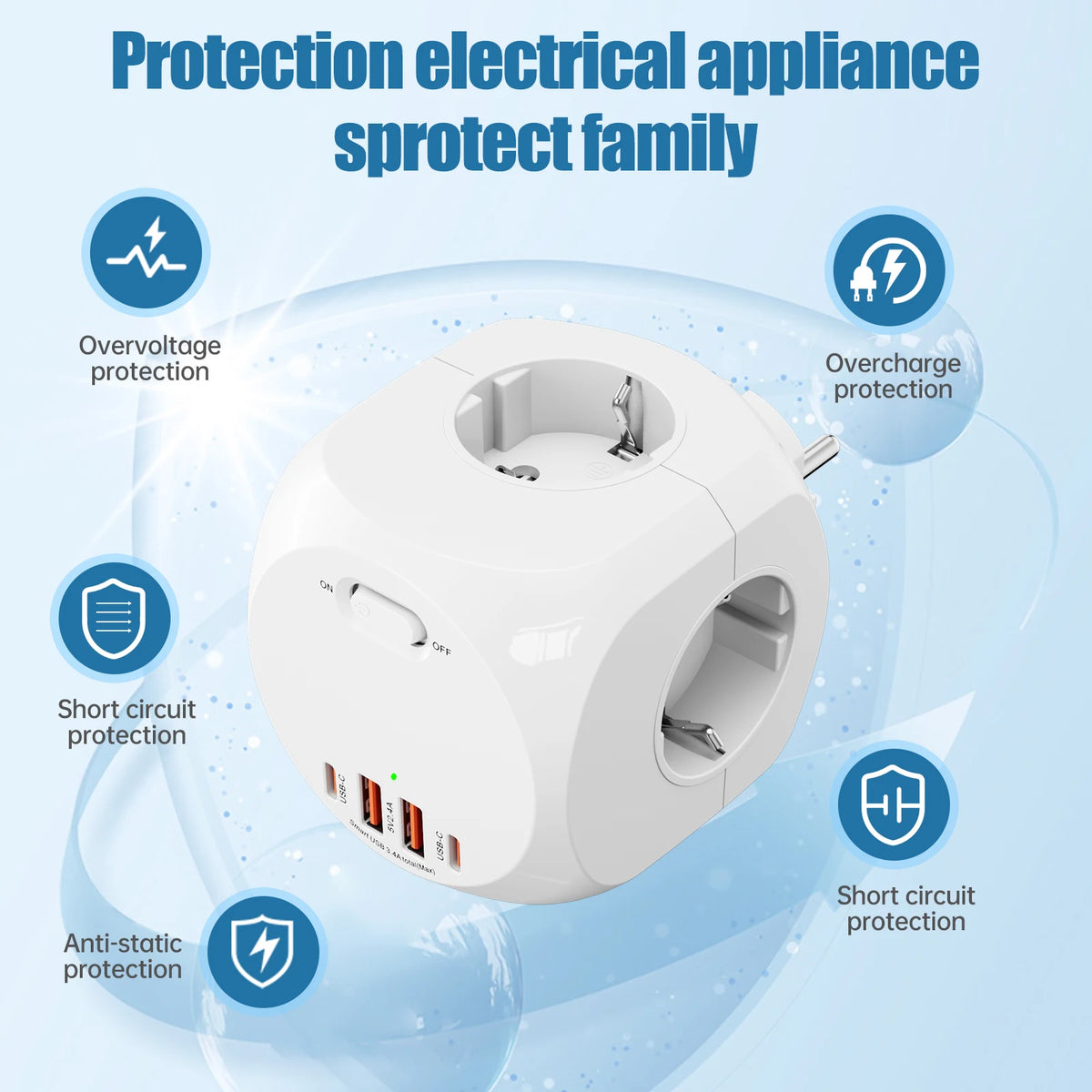 Eu Schuko Wall Socket Extender with Switch, 4 Ac Outlets 2 Usb-A 2 Usb-C Portable Cube Socket Power Strip Adapter, 4000W for Home