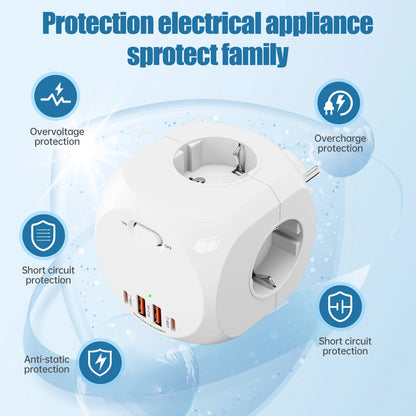 Eu Schuko Wall Socket Extender with Switch, 4 Ac Outlets 2 Usb-A 2 Usb-C Portable Cube Socket Power Strip Adapter, 4000W for Home