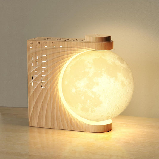 Sunrise Alarm Clock for Heavy Sleepers, Moon Lamp with Moon Light & 10 Light Effects, Cute Alarm Clock With10 White Noise Sounds & Dual Alarms for Bedrooms & Home Office Decor (Walnut Wood Grain)
