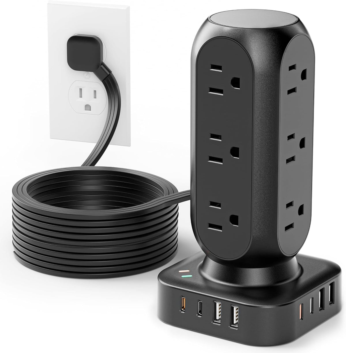 Flat Plug Power Strip Tower,  40W Total Fast Charging Station, 10FT