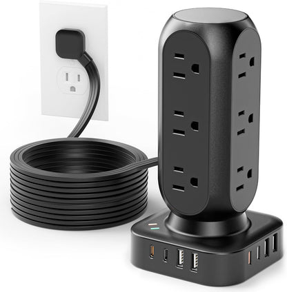 Flat Plug Power Strip Tower,  40W Total Fast Charging Station, 10FT