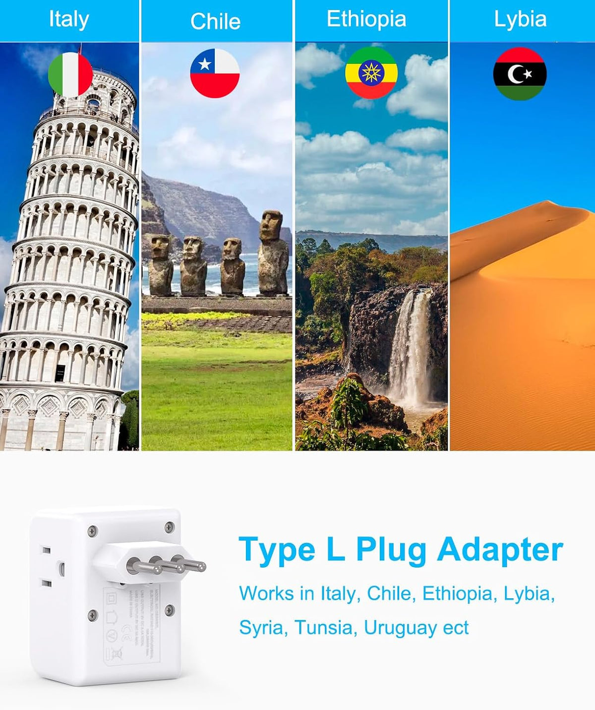 2 Pack US to Italy Travel Plug Adapter,  Type L Power Adapter