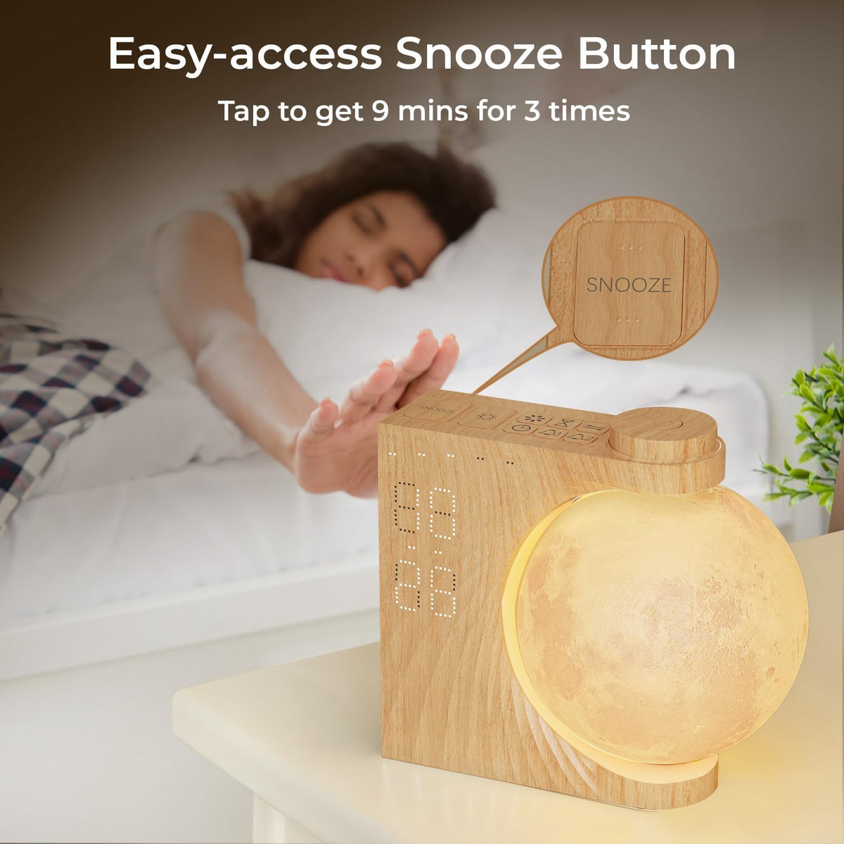 Sunrise Alarm Clock for Heavy Sleepers, Moon Lamp with Moon Light & 10 Light Effects, Cute Alarm Clock With10 White Noise Sounds & Dual Alarms for Bedrooms & Home Office Decor (Walnut Wood Grain)