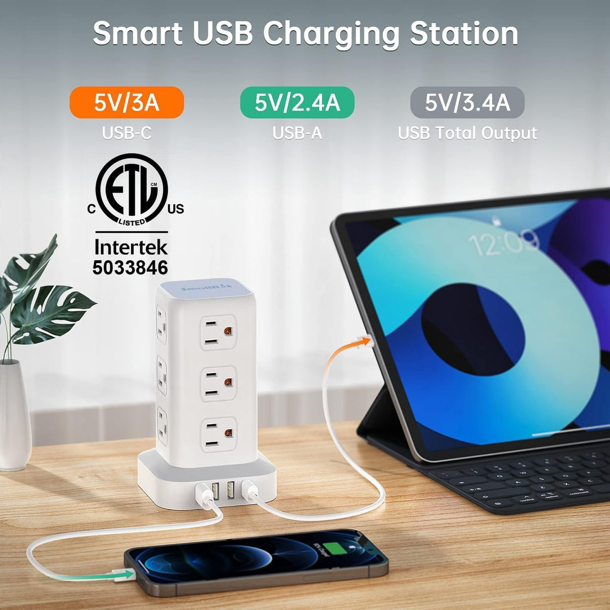 Power Strip with 12 Outlets 4 USB (1 USB C), 10Feet Extension Cord with Multiple Outlets, Charging Station, Power Strip Tower, Home Office Desk Supplies