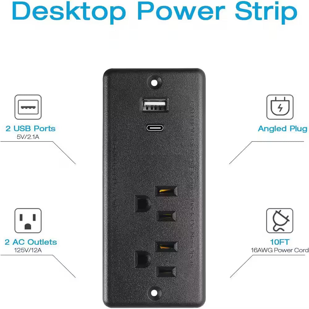 10 Ft Cord 2-Outlet 2 USB-A Ports 1 USB-C Port Surge Protector with Fast Charging Recessed Desk Power Strip
