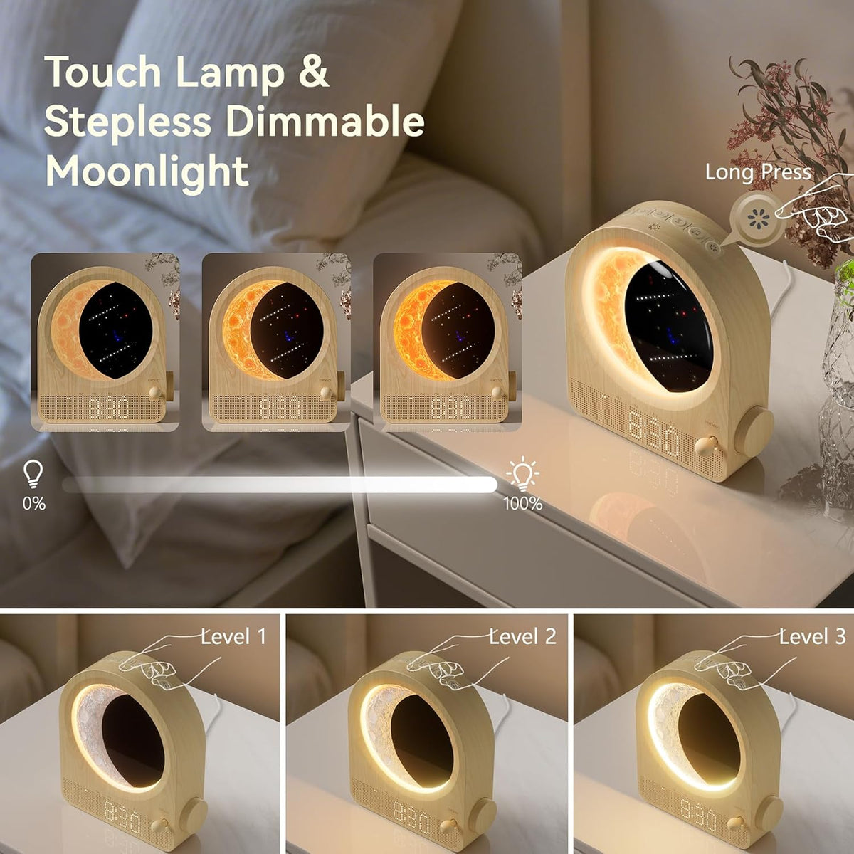 Sunrise Alarm Clocks for Bedrooms, Stepless Dimmable Moon Lamp Dual Alarm Clock with 12Levels Volume for Heavy Sleepers, 10 Natural Sounds with 30/60/90Mins Timer, Gifts for Women