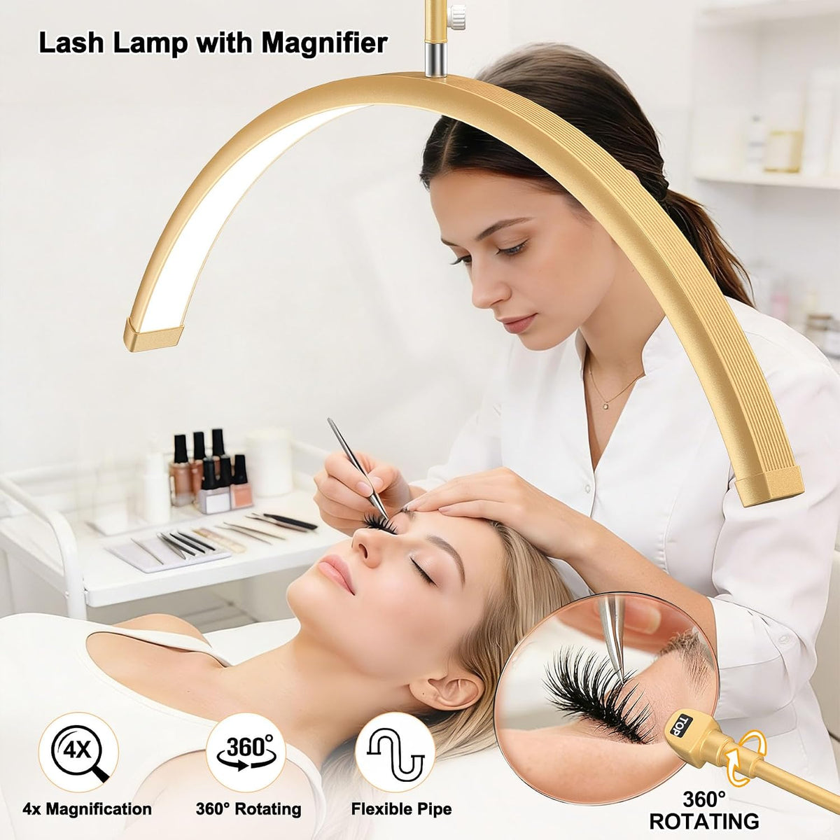 28" Half Moon Light - Lash Lamp with 4X Magnifier,Phone Holder,Lash Light for Eyelash Tech,Tattoo,Nail Art,Skincare,Salon,Adjustable Brightness&Hight,Rotating Head,Gold