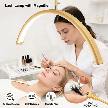 28" Half Moon Light - Lash Lamp with 4X Magnifier,Phone Holder,Lash Light for Eyelash Tech,Tattoo,Nail Art,Skincare,Salon,Adjustable Brightness&Hight,Rotating Head,Gold