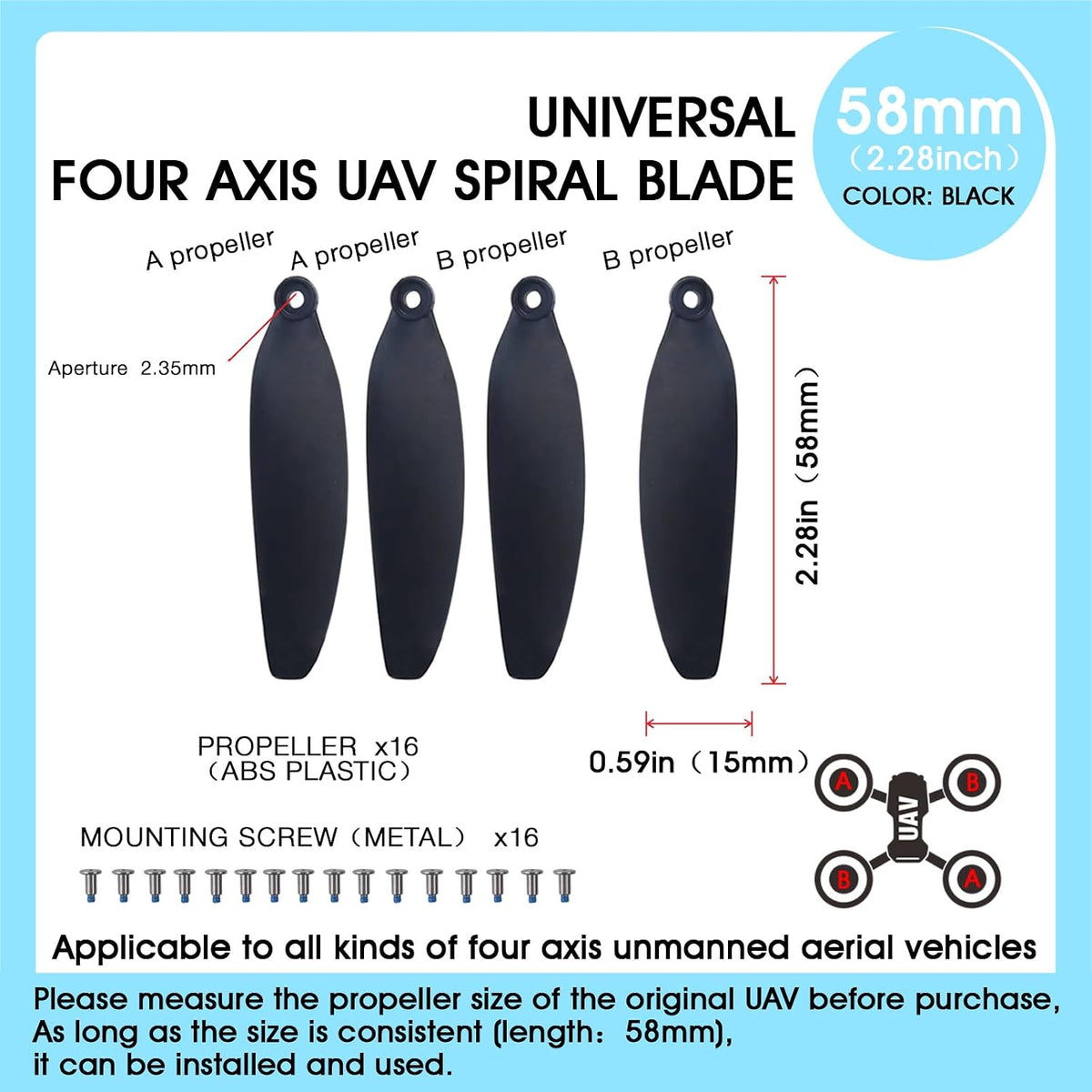 Universal 58Mm/2.28In Drone Propellers for S162、S116、S112、Xk5、Sg108、L108、S3、S9、M7、Rg101、A13、S1S、K918、Models - Replacement Drone Accessories with Stable and Low-Noise Operation 16-Pack (Black)