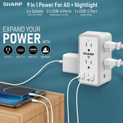Wall Charger Surge Protector with 6 Outlets, USB-C and Nightlight
