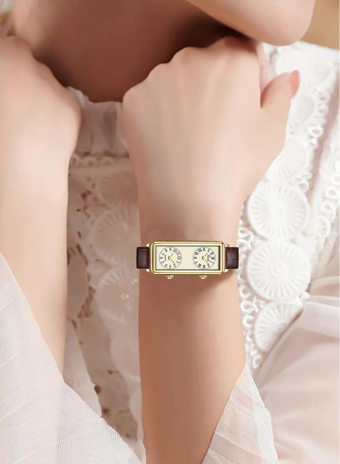 Women’S Vintage Rectangle Watch Dual Time Zone Watch for Small Wrist
