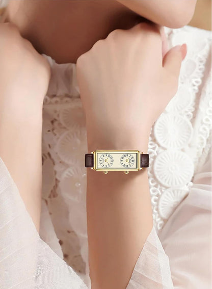Women’S Vintage Rectangle Watch Dual Time Zone Watch for Small Wrist