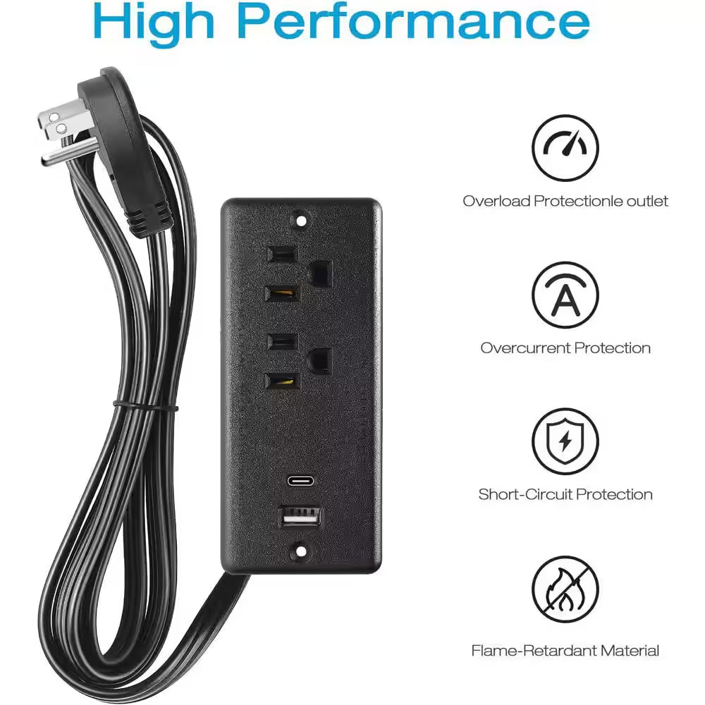 10 Ft Cord 2-Outlet 2 USB-A Ports 1 USB-C Port Surge Protector with Fast Charging Recessed Desk Power Strip