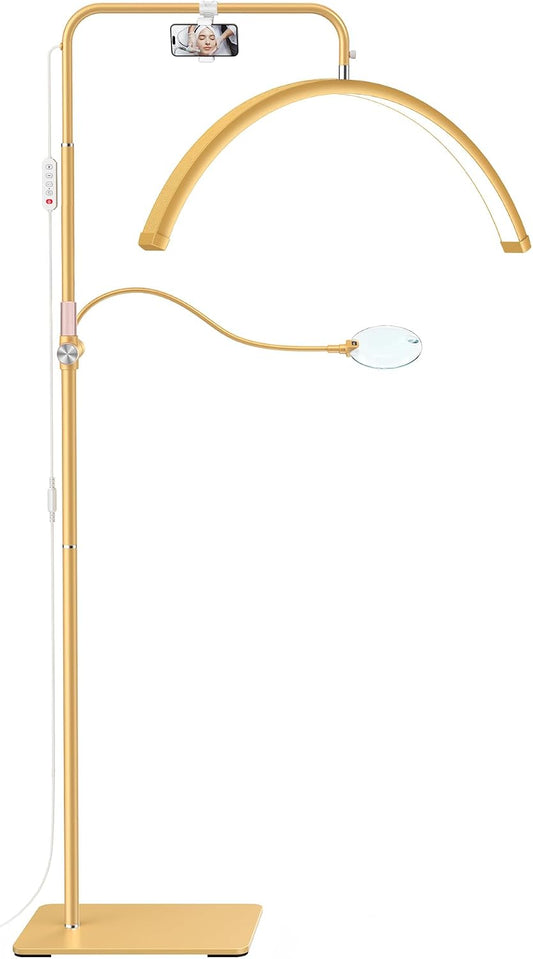 28" Half Moon Light - Lash Lamp with 4X Magnifier,Phone Holder,Lash Light for Eyelash Tech,Tattoo,Nail Art,Skincare,Salon,Adjustable Brightness&Hight,Rotating Head,Gold