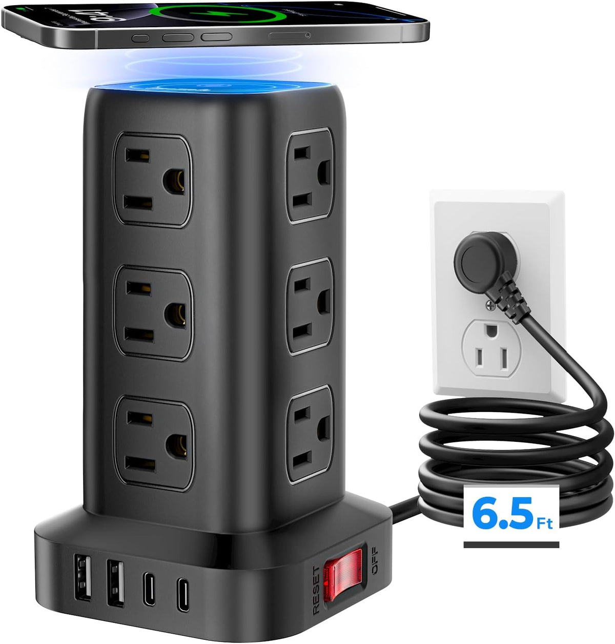 Power Strip with 12 Outlets 4 USB (1 USB C), 6.5Feet Extension Cord with Multiple Outlets, Charging Station, Power Strip Tower, Home Office Desk Supplies