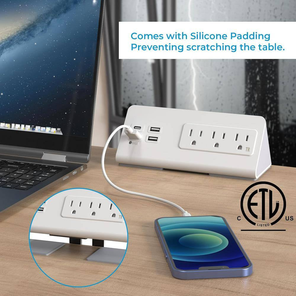 3-Outlet Power Strip Surge Protector with 4-Fast Charging USB Port and 6.56 Ft. Flat Plug in White