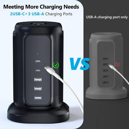 9-Outlet Power Strip Tower Surge Protector with 6.5 Ft. Flat Plug Extension Cord, 3 USB-A & 2 USB-C Ports, Black
