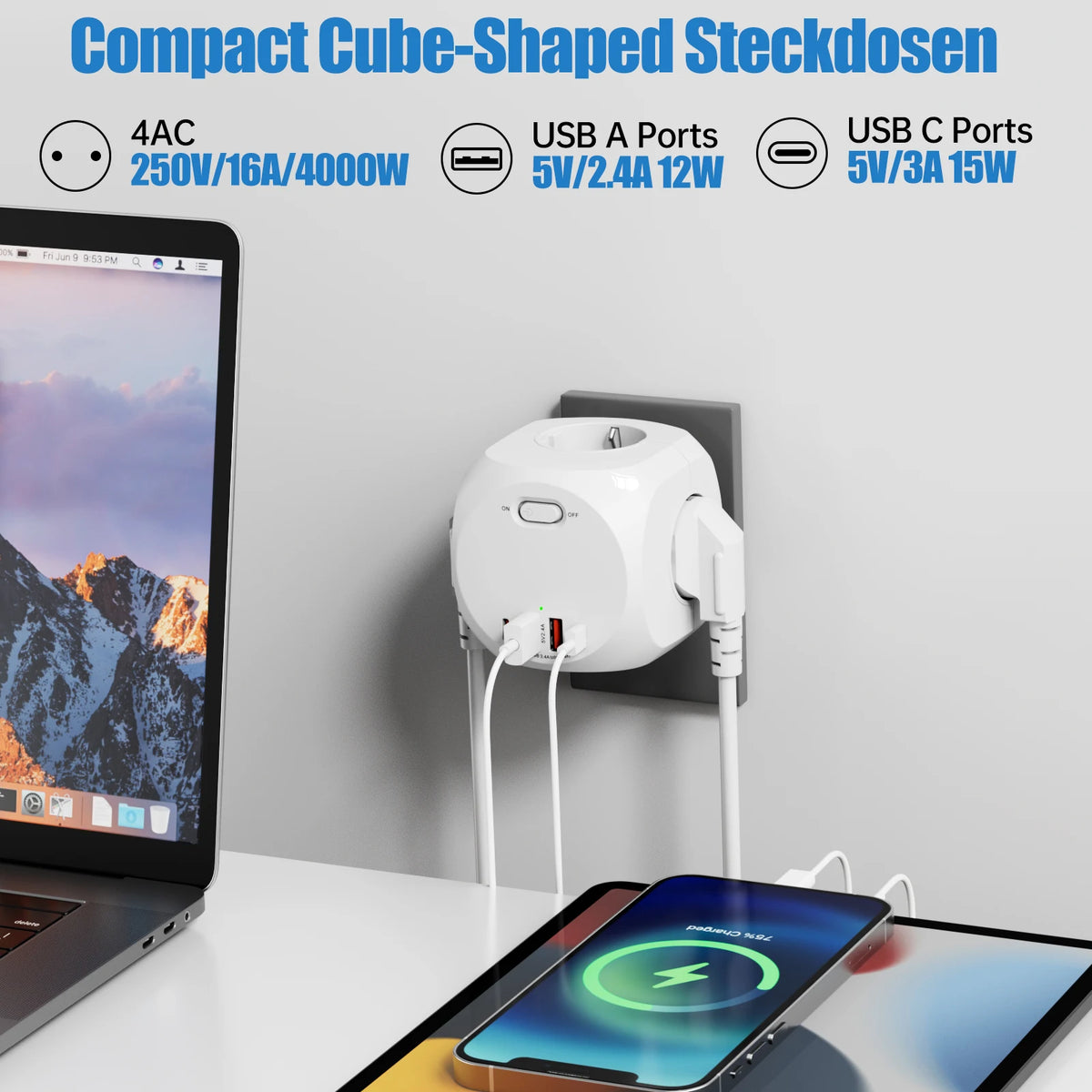 Eu Schuko Wall Socket Extender with Switch, 4 Ac Outlets 2 Usb-A 2 Usb-C Portable Cube Socket Power Strip Adapter, 4000W for Home
