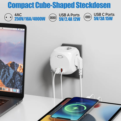 Eu Schuko Wall Socket Extender with Switch, 4 Ac Outlets 2 Usb-A 2 Usb-C Portable Cube Socket Power Strip Adapter, 4000W for Home