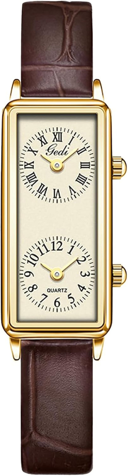 Women’S Vintage Rectangle Watch Dual Time Zone Watch for Small Wrist