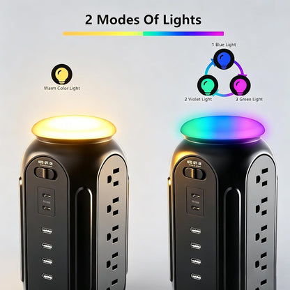 Power Tower with Retractable Cord, Surge Protector Tower with PD 30W USB-C (Single Port 30W/2 Ports 15W Each), 15 AC Outlets, 6.5Ft Flat Plug, High-Power Fast Charging Station for Home and Office