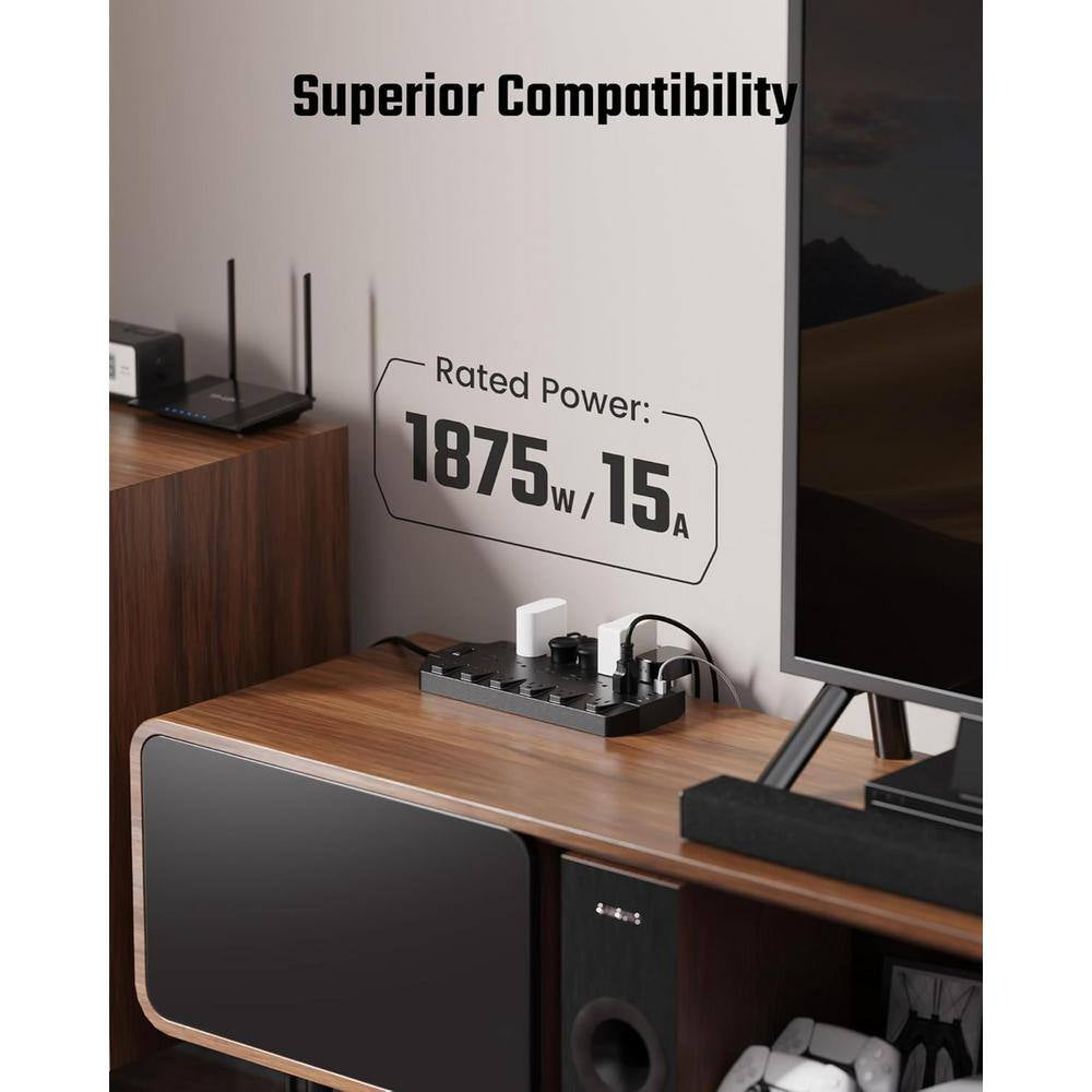 Surge Protector Power Strip, SUPERDANNY 18 AC Outlets W/ 4 USB Ports, 1875W/15 Amp, 2100J, 6.5 Ft. Flat Plug Heavy Duty