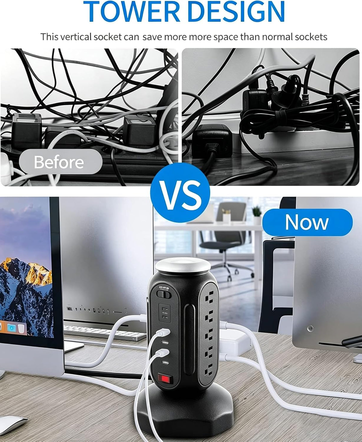 Power Tower with Retractable Cord, Surge Protector Tower with PD 30W USB-C (Single Port 30W/2 Ports 15W Each), 15 AC Outlets, 6.5Ft Flat Plug, High-Power Fast Charging Station for Home and Office