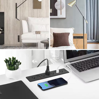 13 in 1 Recessed Power Strip Flat Plug Fast Charging Furniture Outlet with USB Surge Protection Socket Black