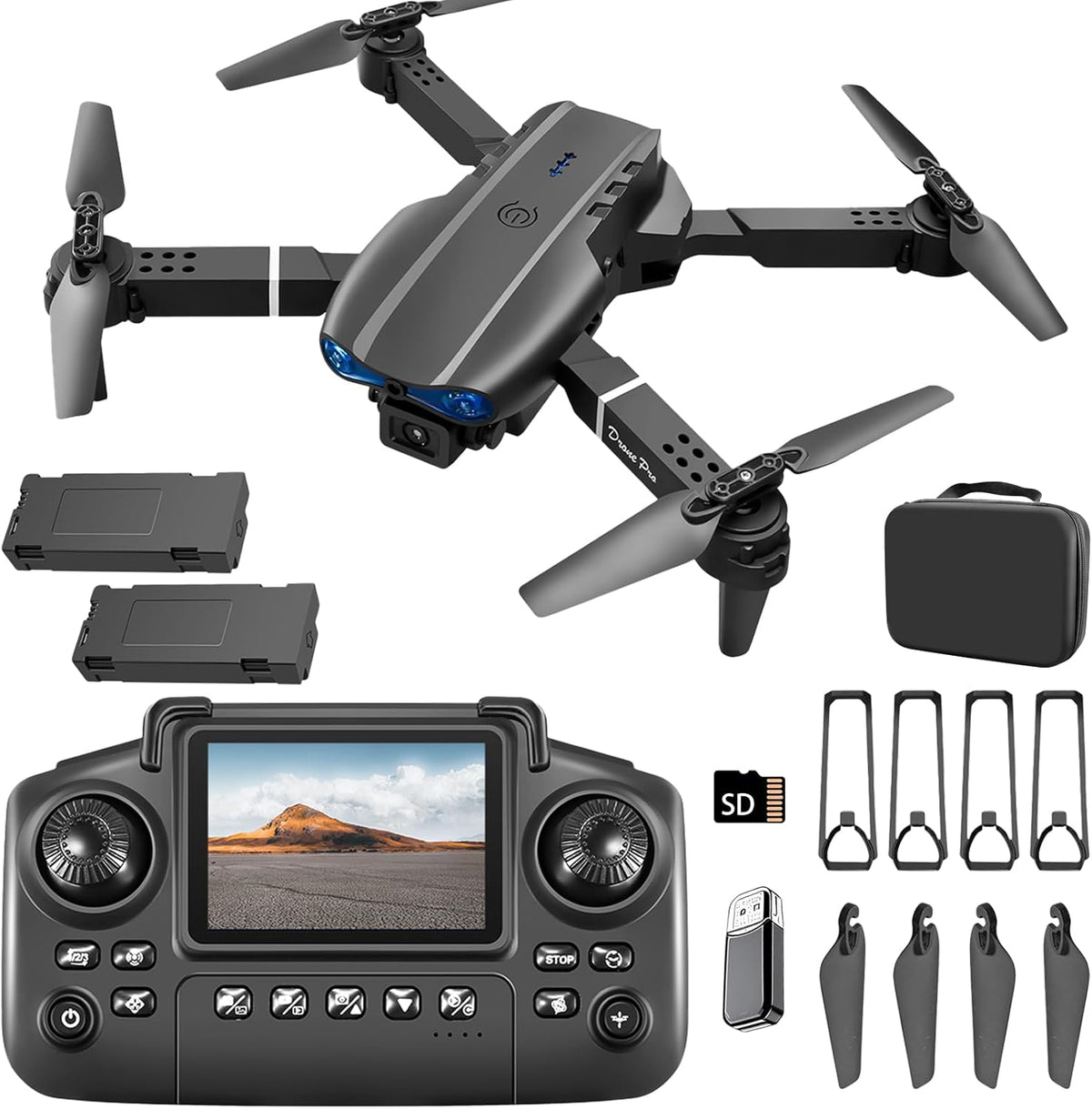 E99Max Drone with Screen Controller, Black Carrying Case, 2Batteries