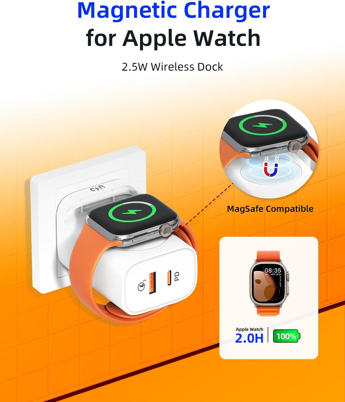 (2PCS) 3-In-1 Portable Apple Watch Charger Fast Charging，25W Wireless Magnetic Foldable Iwatch Charger Block，Pd Travel Essentials Block for Iwatch Ultra/Se/ 10/9/ 8/7/ 6，Iphone 17/16/ 15 Series
