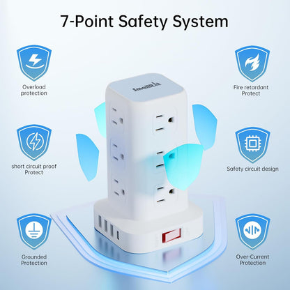 Power Strip with 12 Outlets 4 USB (1 USB C), 6.5Feet Extension Cord with Multiple Outlets, Charging Station, Power Strip Tower, Home Office Desk Supplies