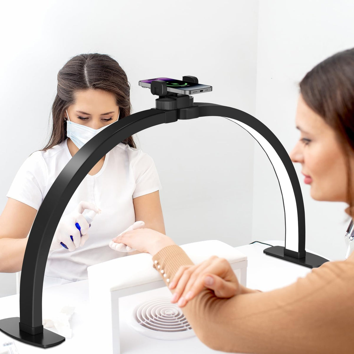 Half Moon Light for Nail Desk, 29In 40W Nails Tech Light with Phone Stand, 10 Adjustable Brightness, 3 Color Temperature Led Desk Lamp for Nail, Tattoos, Eyebrows, Beauty(Black)
