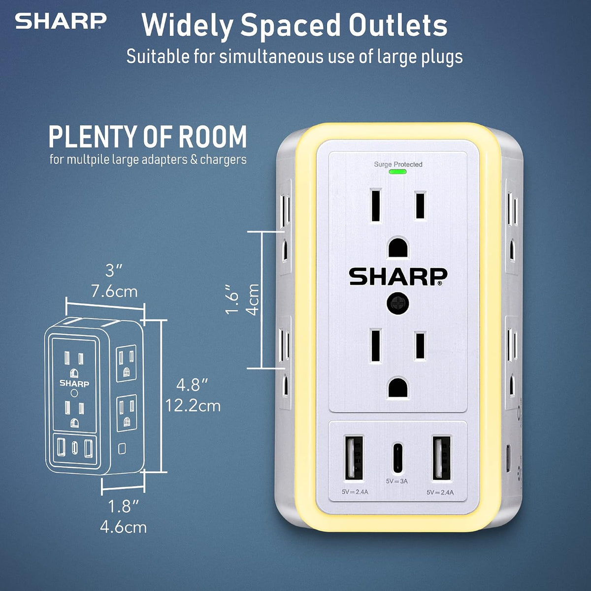 Wall Charger Surge Protector with 6 Outlets, USB-C and Nightlight