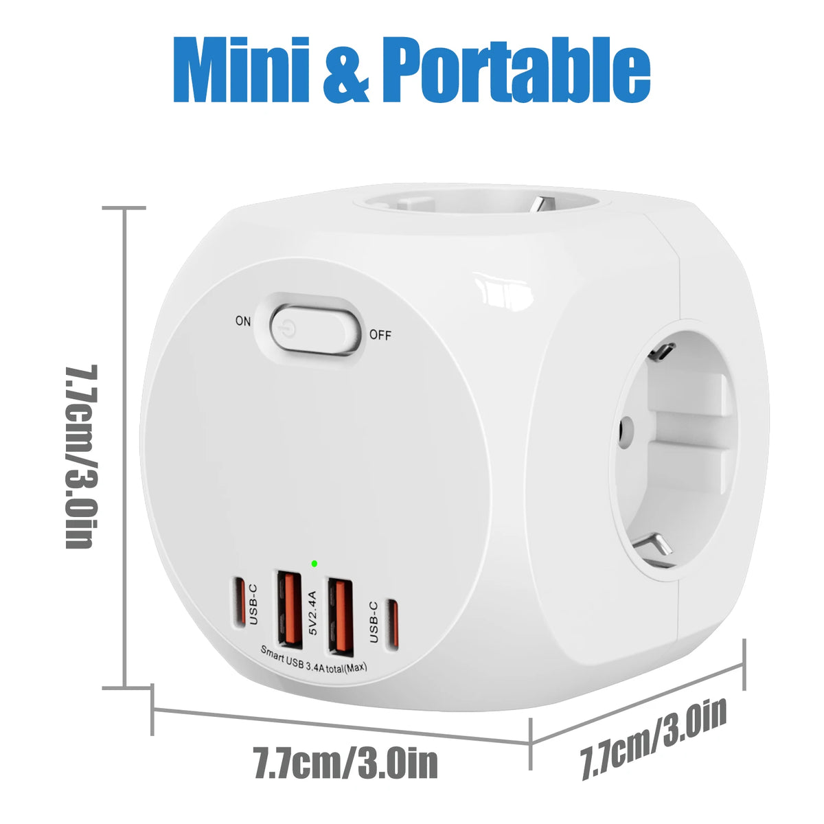 Eu Schuko Wall Socket Extender with Switch, 4 Ac Outlets 2 Usb-A 2 Usb-C Portable Cube Socket Power Strip Adapter, 4000W for Home